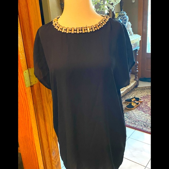 Beautiful black silky blouse with rhinestone collar  size M - Picture 1 of 6